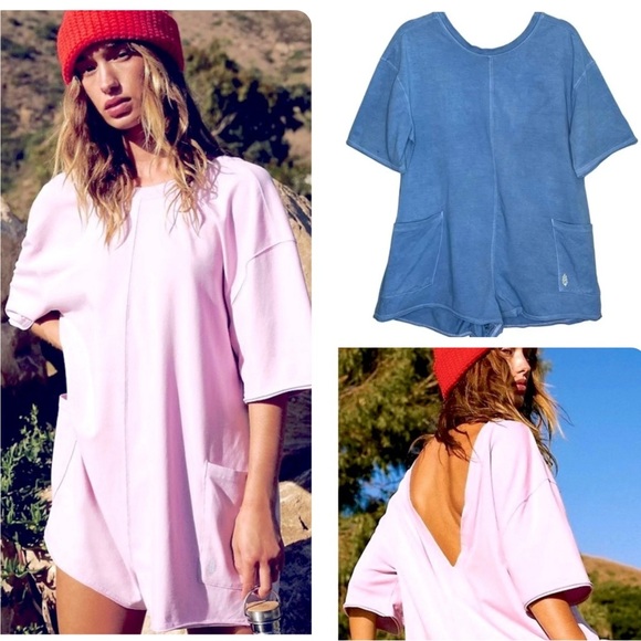 Free People Pants - NWOT Free People Hot Shot Tee Romper Custom Dyed Dusty Blue Size XS/TP NEW!